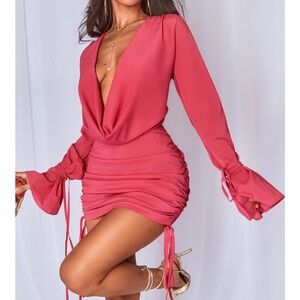 PLT Petite Hot Pink Long Ruched Sleeve Cowl Neck Bodycon Dress